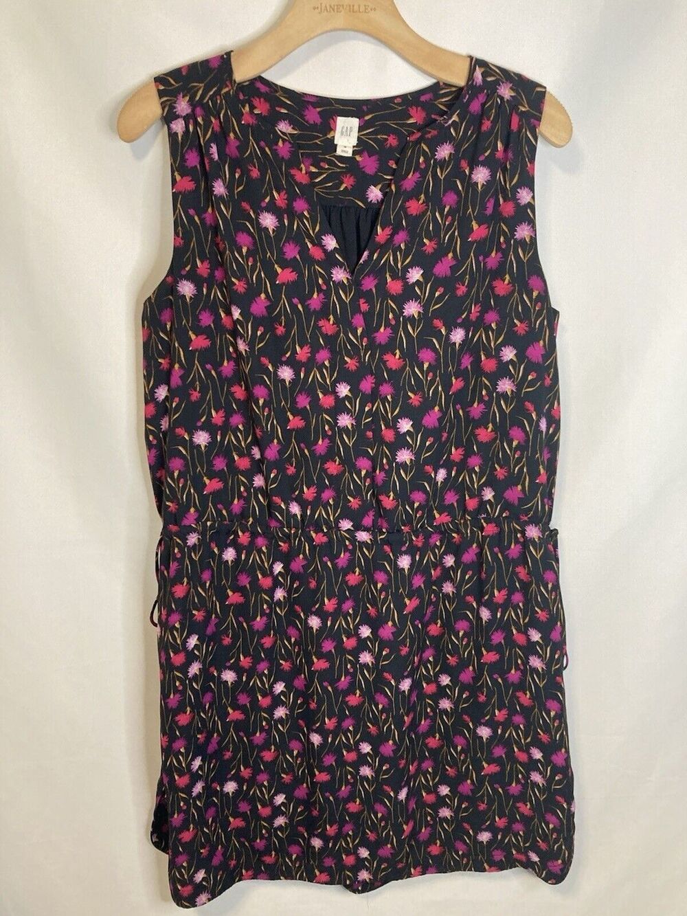 GAP Mini Dress M Drawstring Waist Black Pink Ditsy Floral Fairy Sleeveless Boho